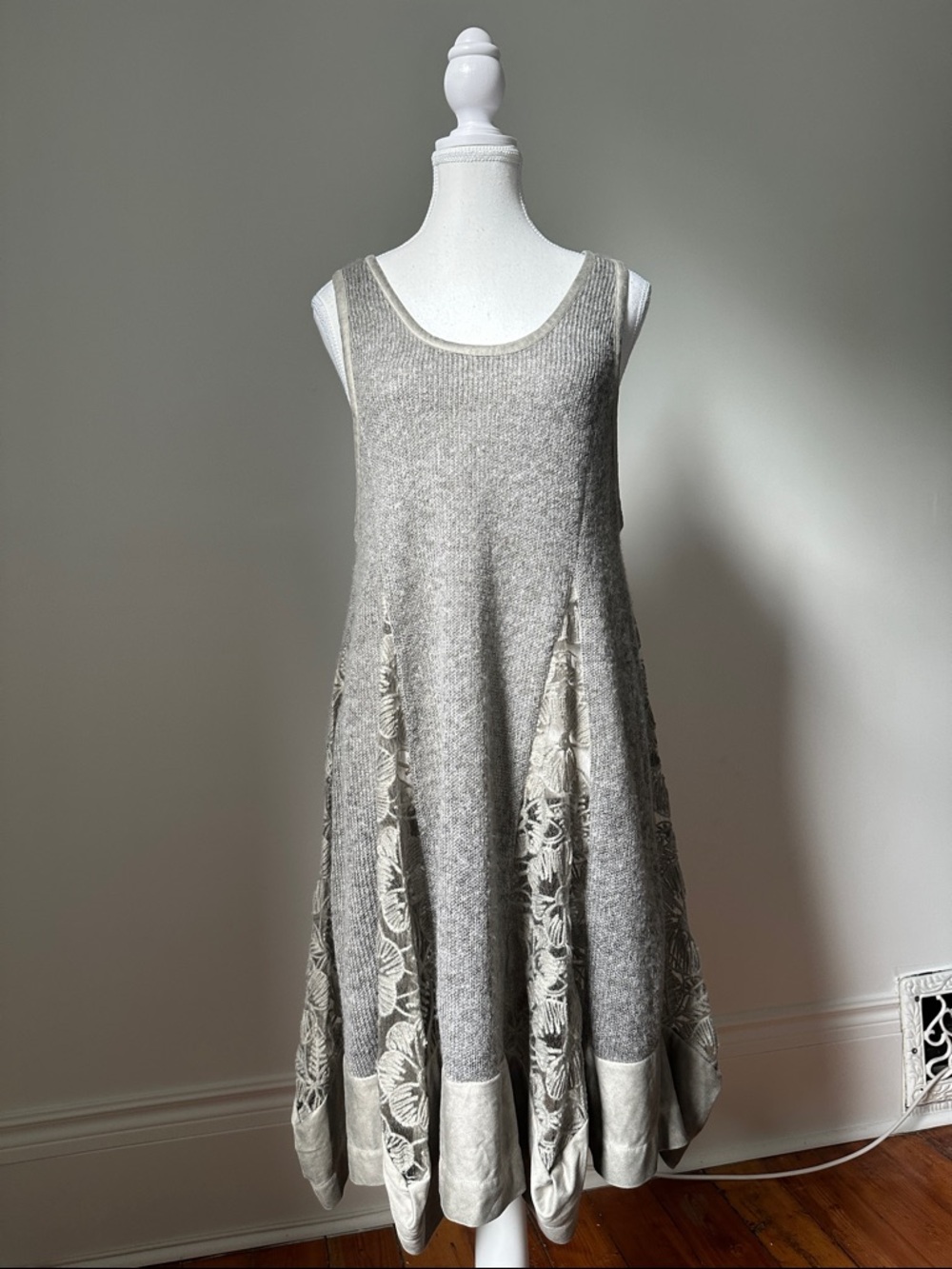 VIOLETRUBY Grey Lace Whimsical‎ Lagenlook Boho Festival Knit Summer Dress Medium